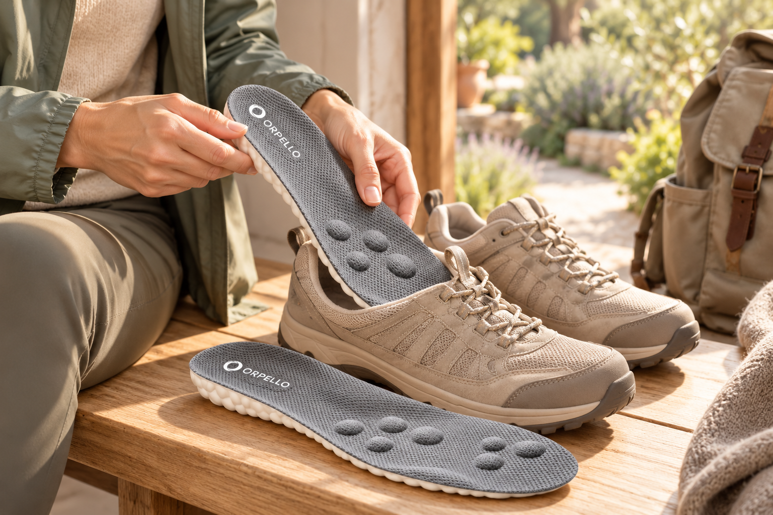 Grey Orpello insoles beside walking shoes