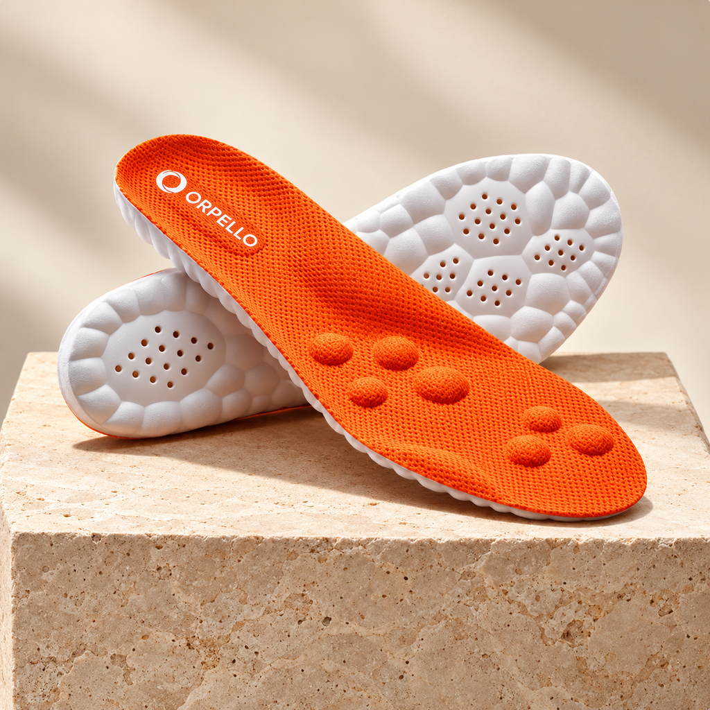 Orange Orpello massage insoles showing the textured upper and white sculpted underside on a stone podium